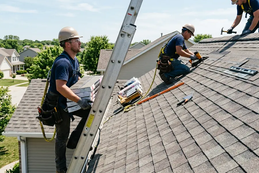 Beardman Building Services roofing crew installing architectural shingles in Belleair Beach